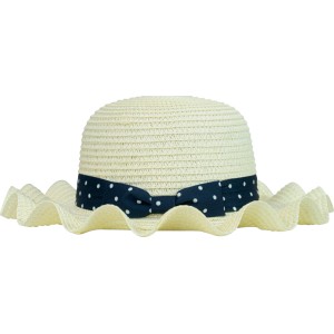 Beiger Strohhut für Mädchen mit blauer Polka-Dot-Schleife und gewellter Krempe. Kinder Sonnenhut aus Papierseil.
