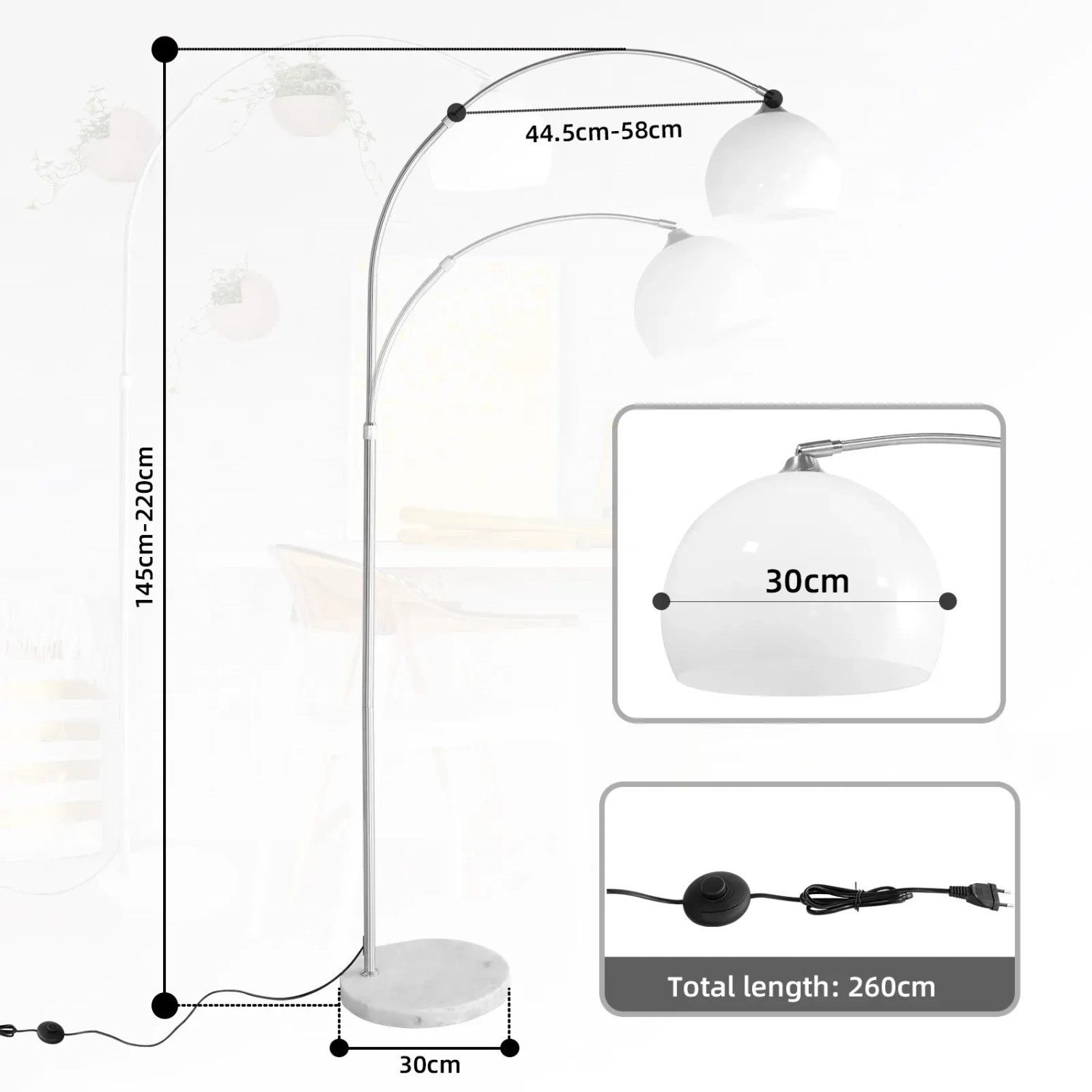CCLIFE LED E27 Stehlampe Stehleuchte Bogenlampe Höhenverstellbar 145-220cm Weiß_2