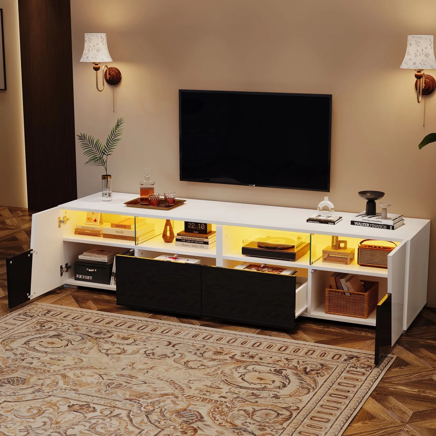 Merax TV Lowboard 180x38x45 cm LED 2 Schubladen Für 80 Zoll TV