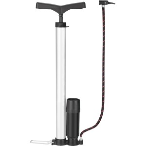 Standluftpumpe aus Alu, 5 bar, für Fahrradreifen mit Manometer und Standbügel.
