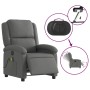 Dunkelgrauer elektrischer Massagesessel aus Samt mit Relaxfunktion und seitlicher Tasche.