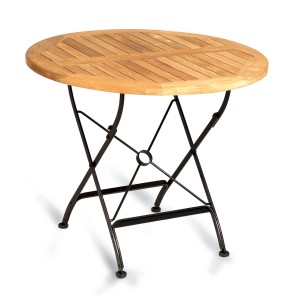 Runder Natur24 Oxford Gartentisch aus Teakholz mit klappbarem, dunklem Metallgestell.