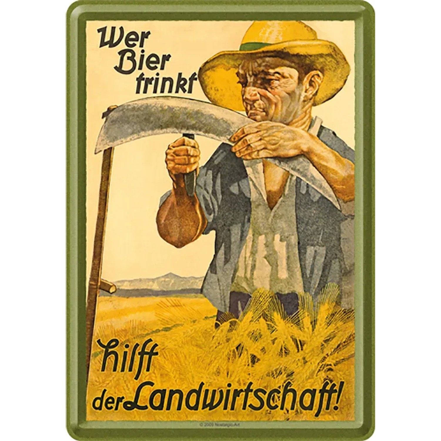 Nostalgic-Art Blechpostkarte mit Bauernmotiv und dem Spruch 'Wer Bier trinkt hilft der Landwirtschaft'.