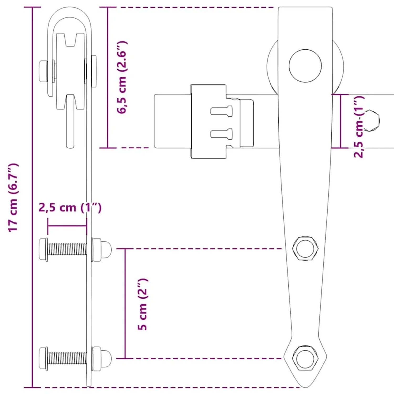 vidaXL Schiebetürbeschlag Set 213cm, Karbonstahl, Maße und Details im Bild.