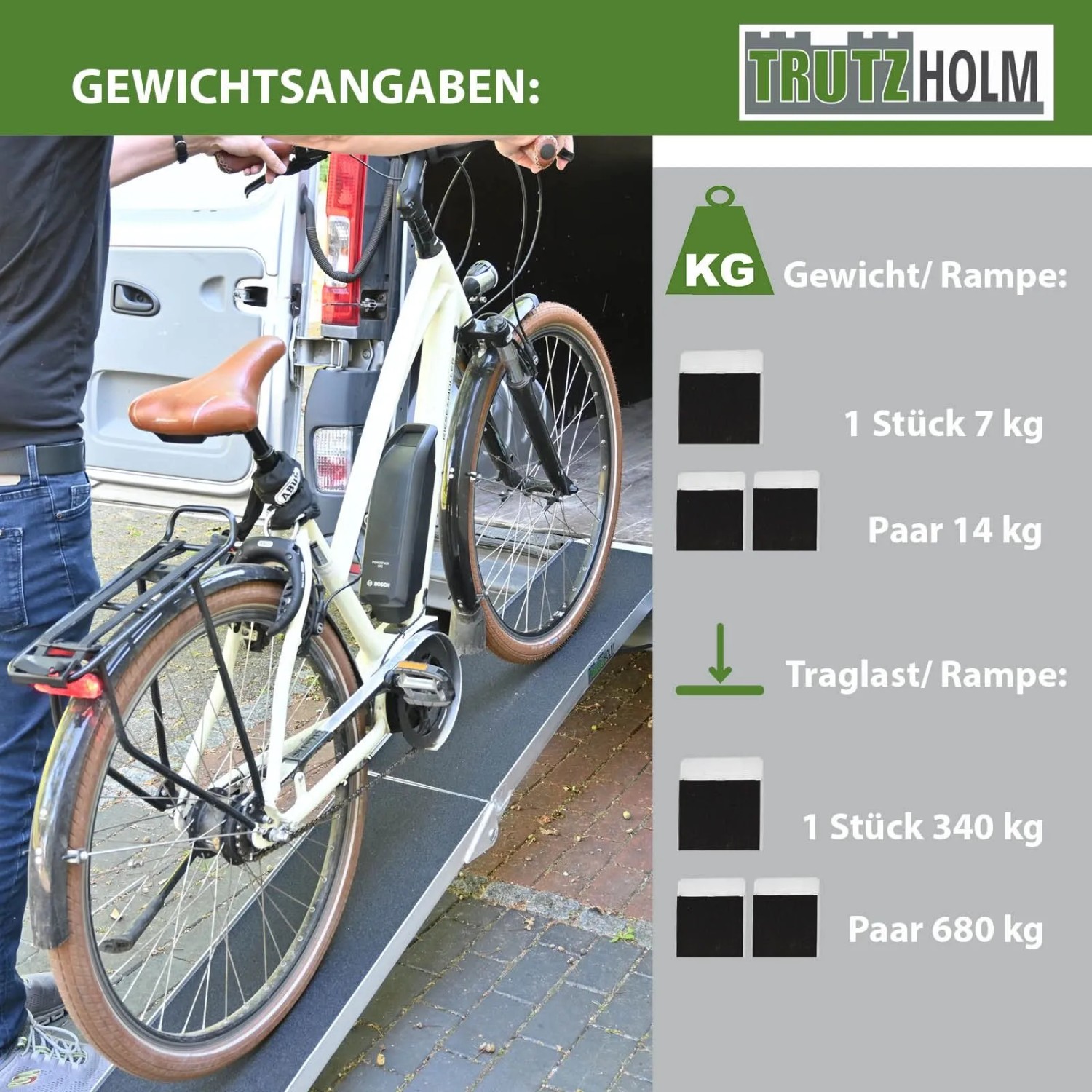 TRUTZHOLM Auffahrrampe klappbar mit E-Bike vor Anhänger, Traglast 340 kg.