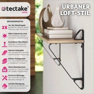Tectake 2Er Set Wandregal Irvine Industrial Style Holz und Stahl  60 x 20 x 33 50 cm Industrial Holz Hell  Eiche Sonoma