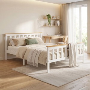 Weißes Holzbett 140x200 cm mit Holzdetails, Lattenrost, in hellem Schlafzimmer.