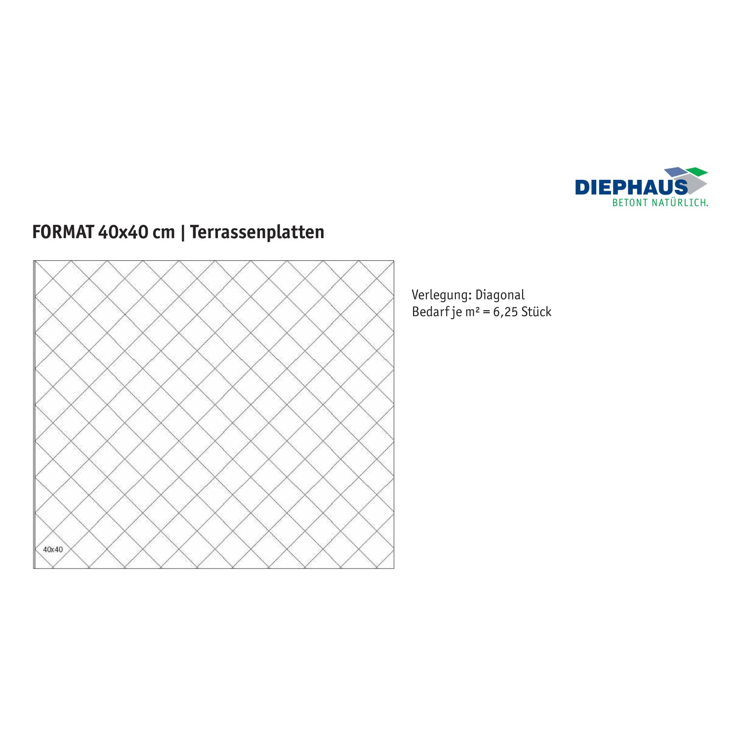 Verlegemuster Diephaus Terrassenplatte Finessa Schwarz-Basalt 40x40, diagonale Anordnung.