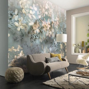 Türkis-beige Fototapete mit Blumenmuster im Herbststil für Wohn- und Schlafzimmer.