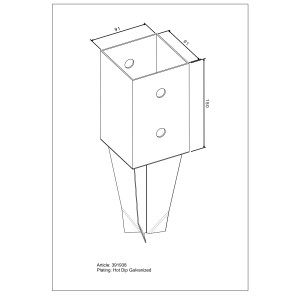 Feuerverzinkte Bodenhülse, 350x91x91 mm, zum Einbetonieren für 90 mm Pfosten.