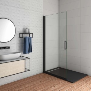 Schwarze Walk-In Duschwand 95x200cm mit 8mm Sicherheitsglas als Duschabtrennung.