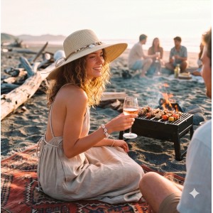 Lächelnde Frau mit beigem Strohhut, Muschel-Band, breiter Krempe am Strand. Idealer Sonnenhut für Sommer & Urlaub.
