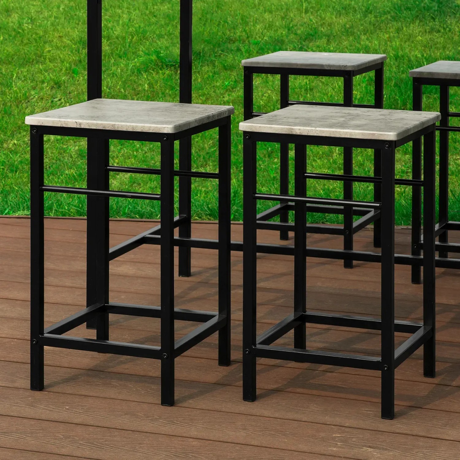 SoBuy Essgruppe: Bartisch-Set mit 4 Hockern, grau-schwarz, ideal für Küche und Essbereich.