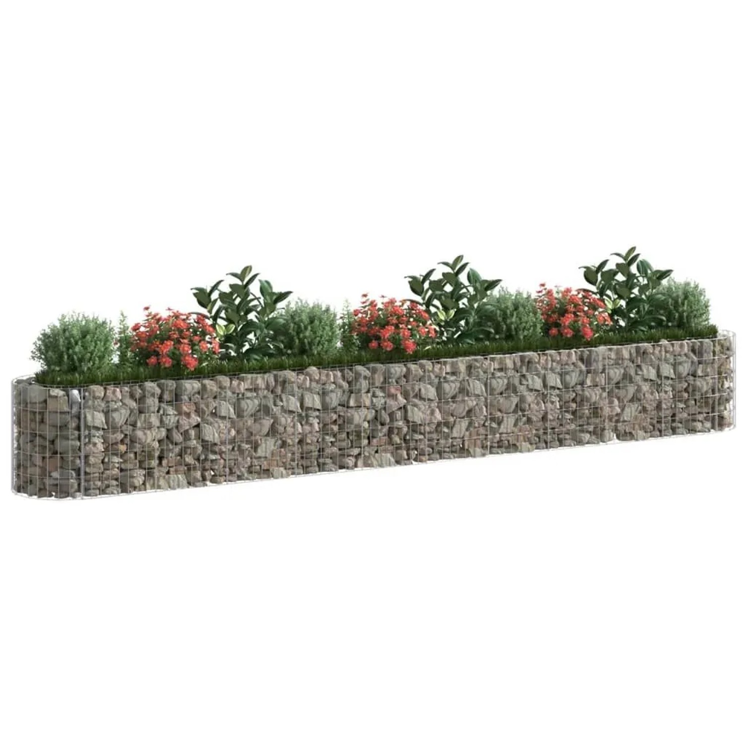 furnicato Gabionen-Hochbeet, verzinkt, 400x50x50 cm, befüllt mit Steinen und bepflanzt.