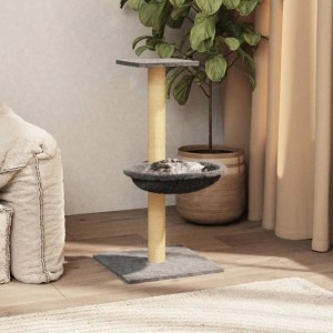 Hellgrauer vidaXL Kratzbaum mit Sisal-Säule und Liegemulde. Katze liegt entspannt darin.