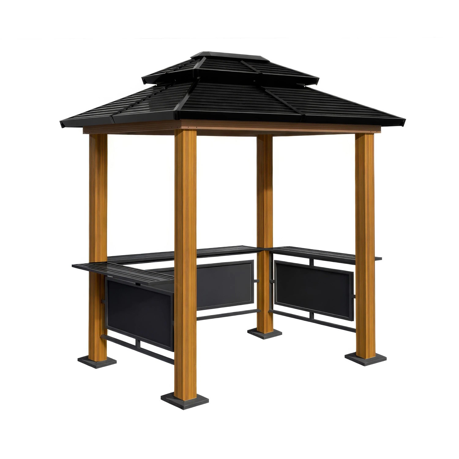 SOJAG Aluminium Grillpavillon Maui in Holzoptik mit schwarzem Stahldach, Rauchablass und Seitenablagen.