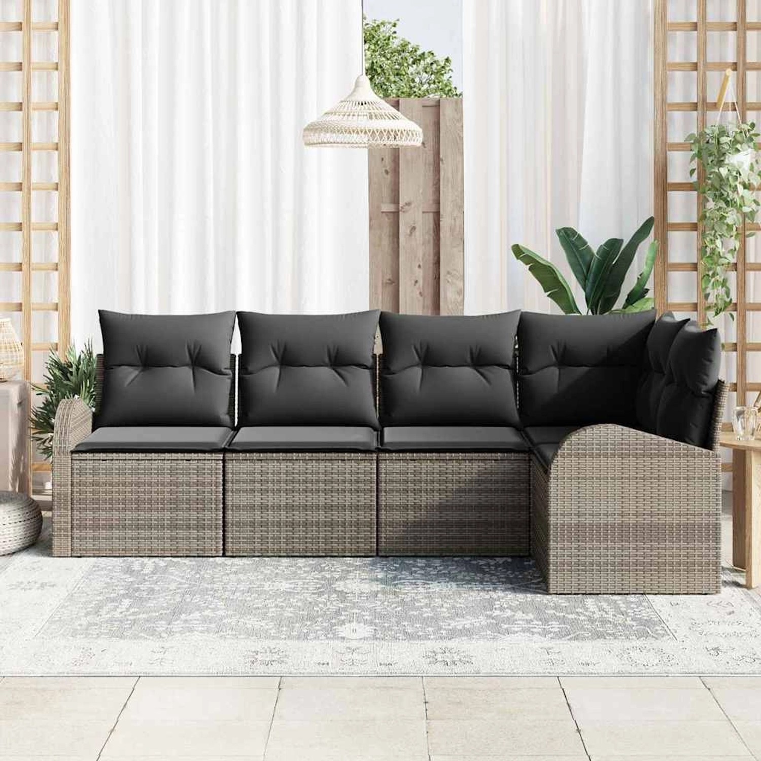 Graues 5-tlg. vidaXL Garten-Sofa-Set aus Poly Rattan mit Kissen für Terrasse und Garten.