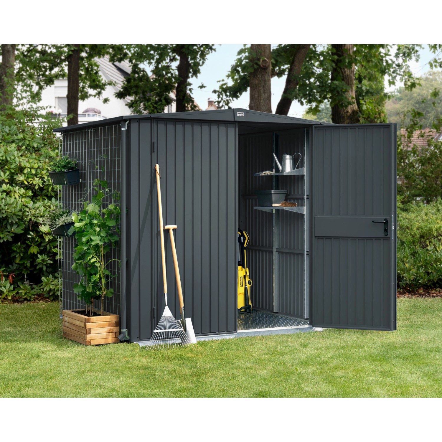 Anthrazitgraues Ecostar Gerätehaus Trend mit Satteldach und Doppeltür im Garten.