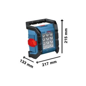 Bosch Akku-Bauleuchte Pro GLI18V-1500, blau-schwarz, mit LED-Panel und Griff. Maße: 215x217x133 mm.