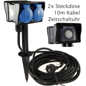 ChiliTec Gartensteckdose 2-fach IP44 mit Erdspieß, 10m Kabel und Zeitschaltuhr. Schwarzes, robustes Gehäuse.