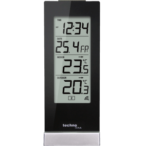 Schwarze technoline WS 9767 Temperaturstation mit Innen- und Außentemperaturanzeige.