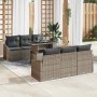 7-teiliges Garten-Sofa-Set aus Poly Rattan mit grauen Kissen. Gartenmöbel für Terrasse und Balkon.
