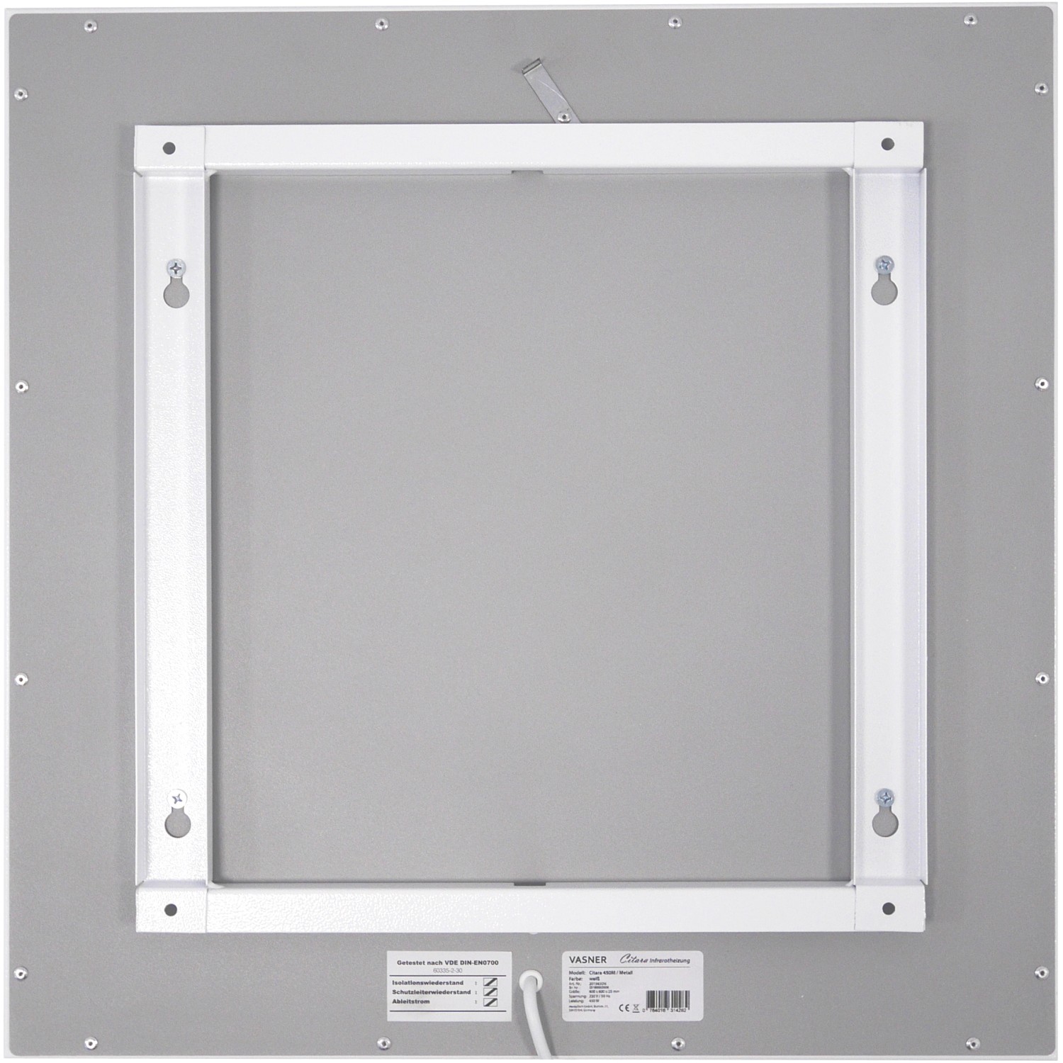 Rückansicht der weißen Vasner Infrarotheizung Citara M Metall 1100W mit Wandhalterung.