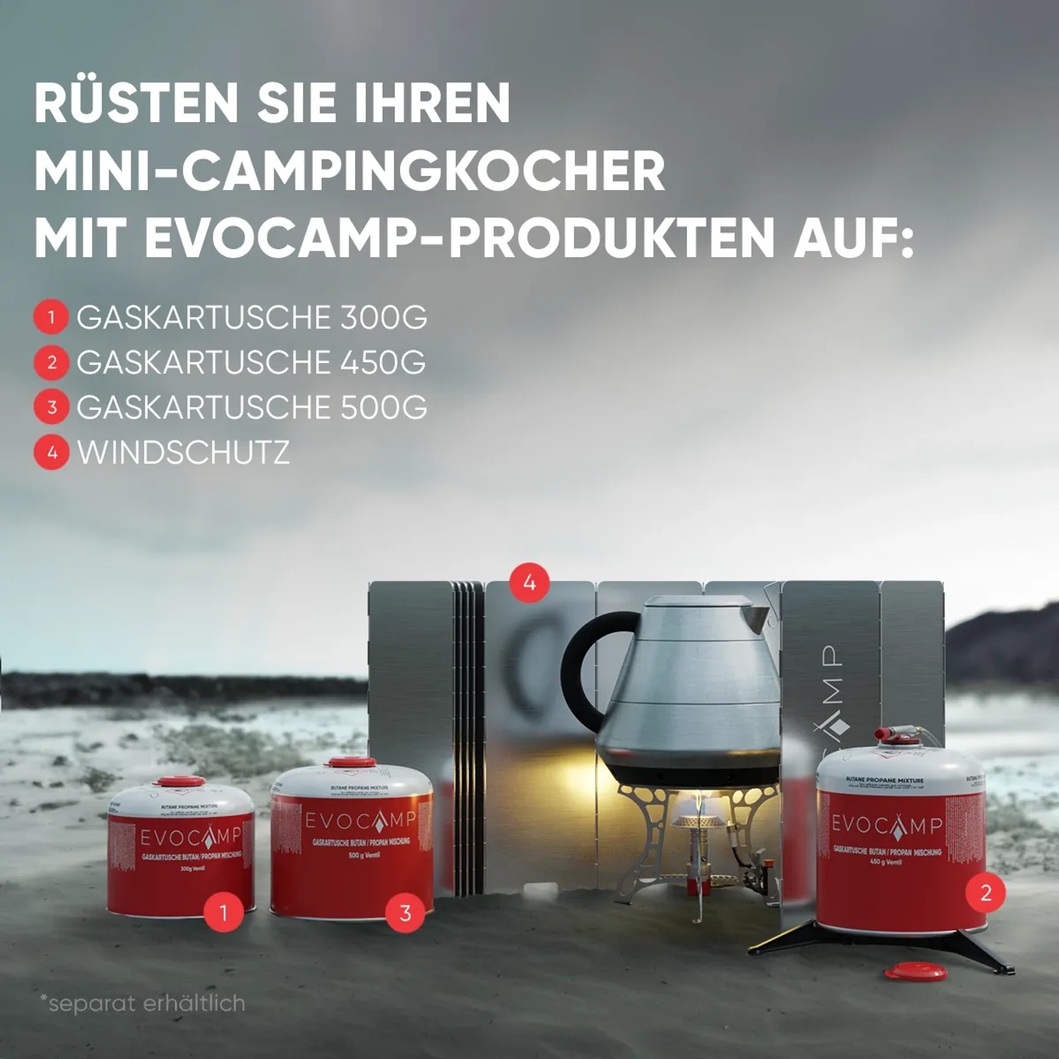 Evocamp Mini-Gaskocher Zubehör: Gaskartuschen (300g, 450g, 500g) und Windschutz für Camping.