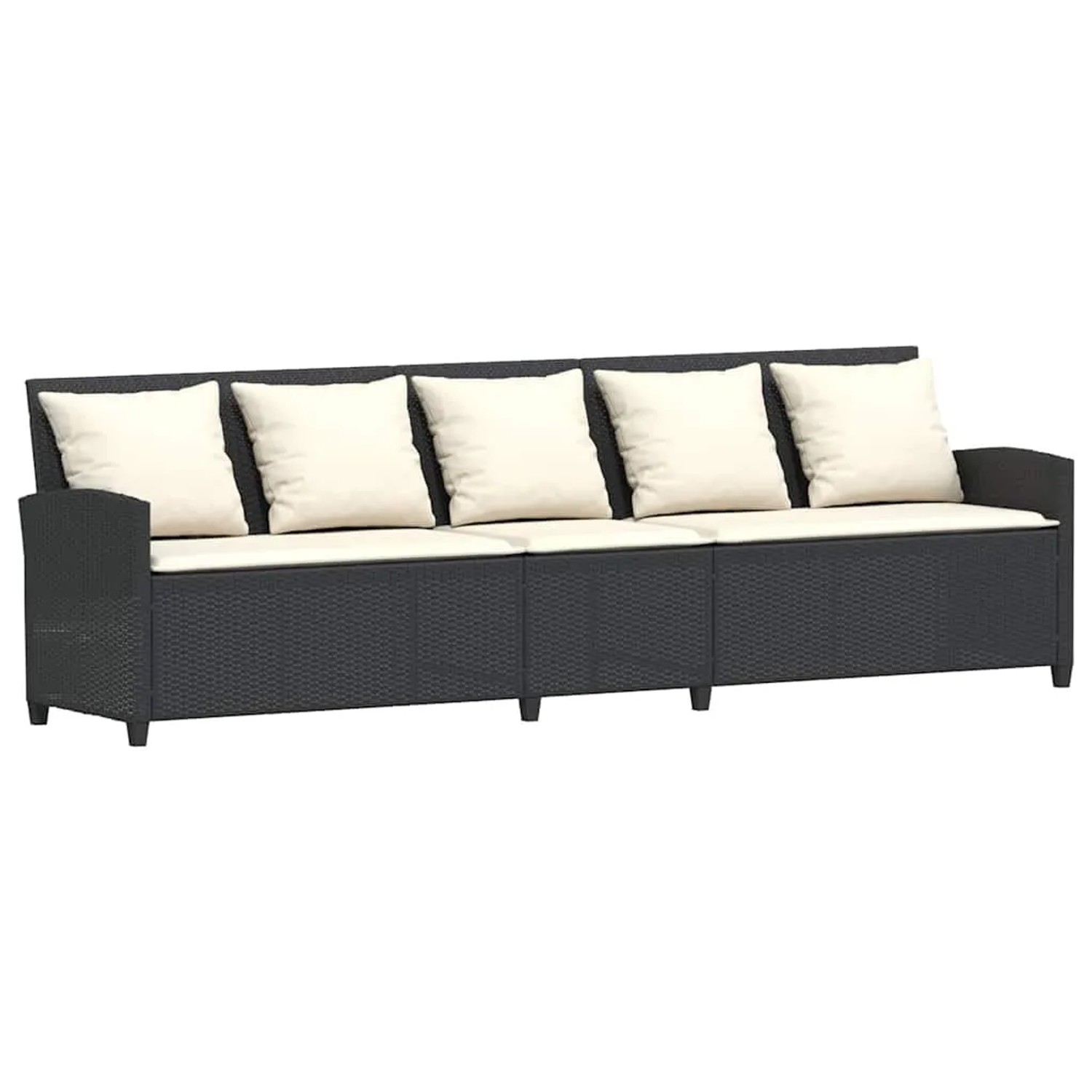 Schwarze 4-tlg. Garten-Sofagarnitur aus Rattan mit cremefarbenen Kissen.