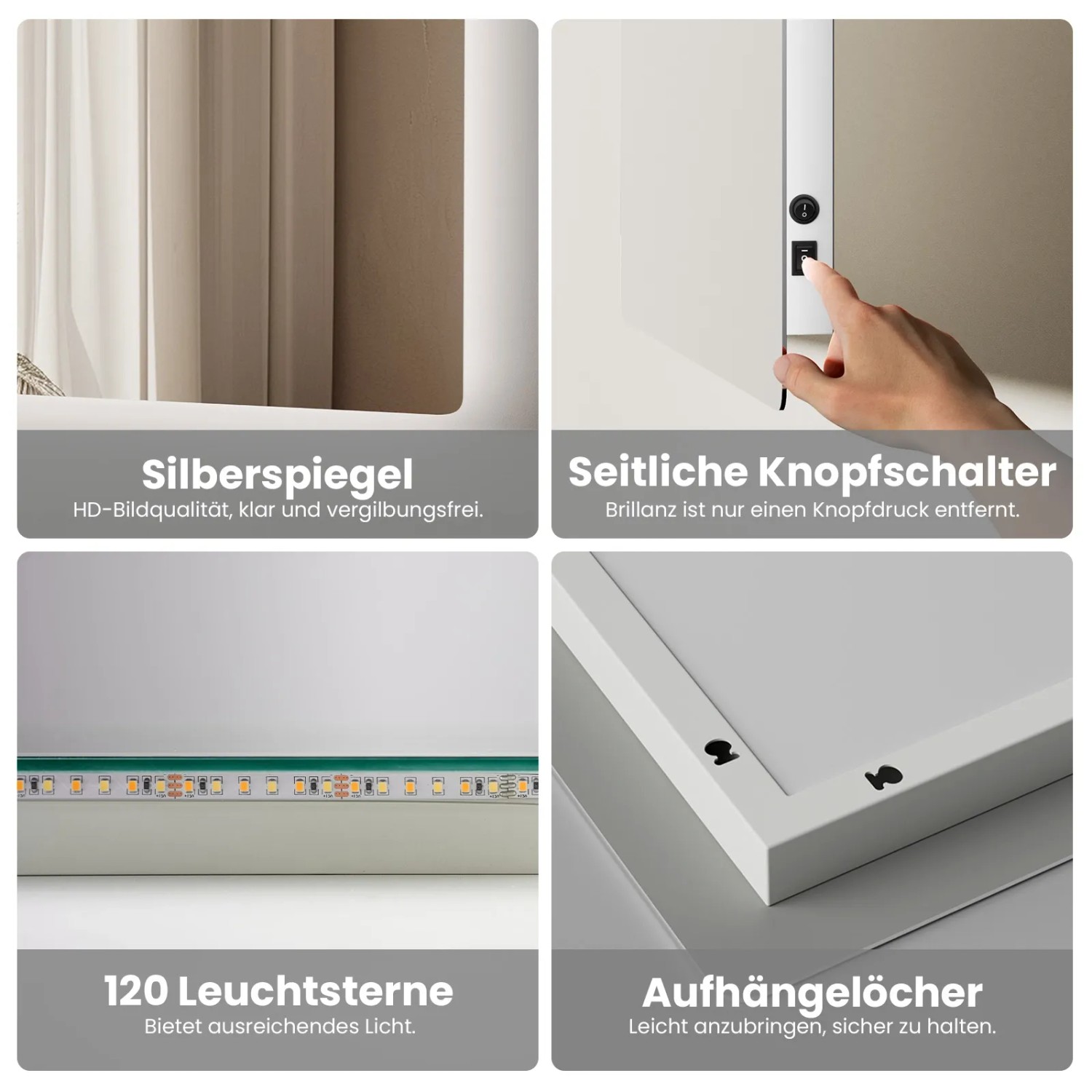 Emke Badspiegel 50x60 cm mit LED-Beleuchtung, Kippschalter & Anti-Beschlag Funktion.