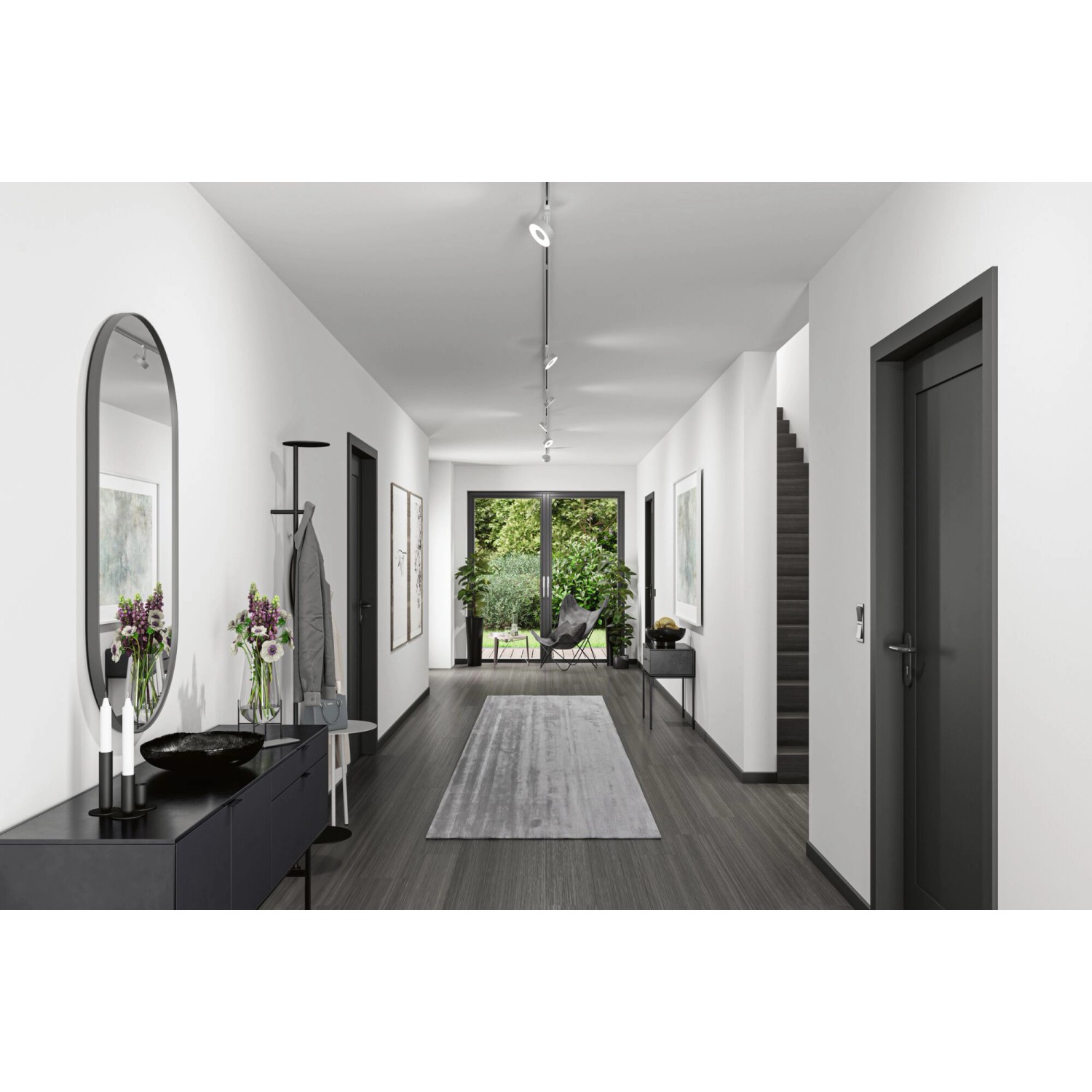 Modernes Schienensystem mit Paulmann Urail LED Spots in Chrom Matt im Flur.