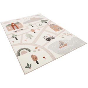 Bunter Pergamon Kinderteppich Softstar Kids Little City mit Straßen, Häusern und Fahrzeugen.