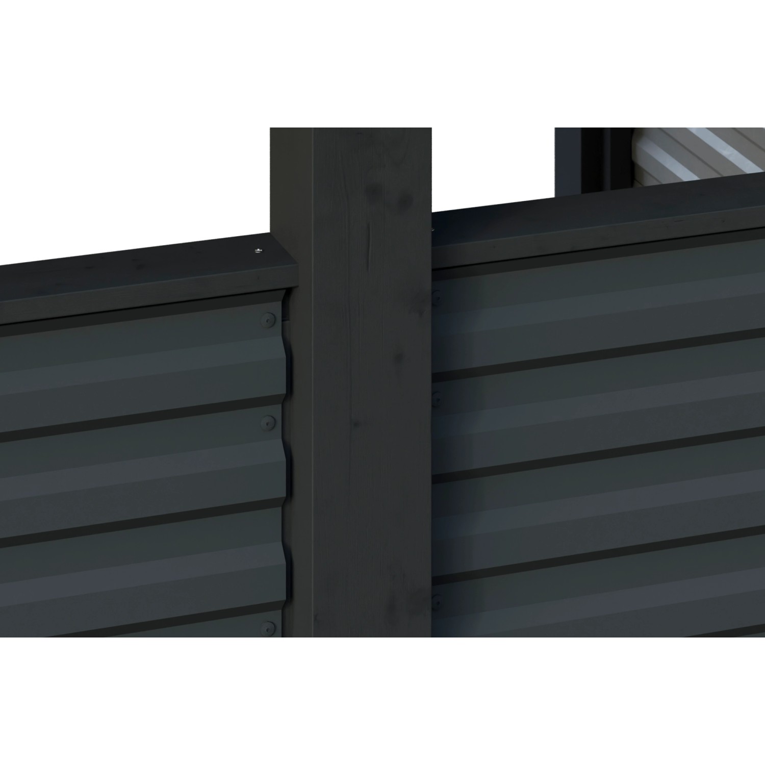 Detailansicht: Skan Holz Carport Friesland Hybrid, anthrazitfarbene Aluminium-Trapezprofile und Holzpfosten.