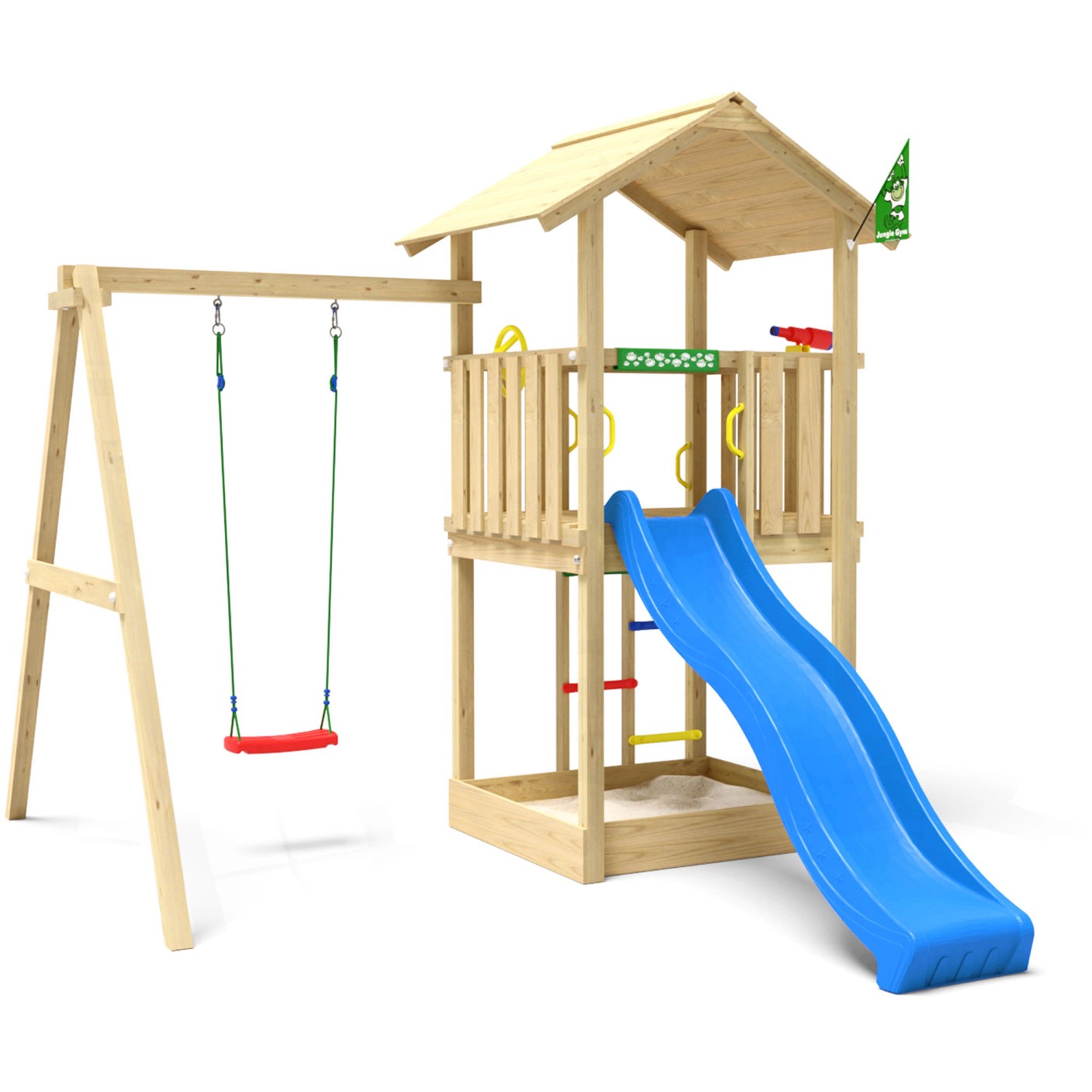 Jungle Gym Spielturm Beacon Holz mit Einzelschaukel Rutsche Blau