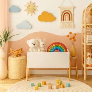 Relaxdays Kindertruhe MDF Kiefernholz Weiß mit Holzbeinen 45 cm x 60 cm x 30 cm
