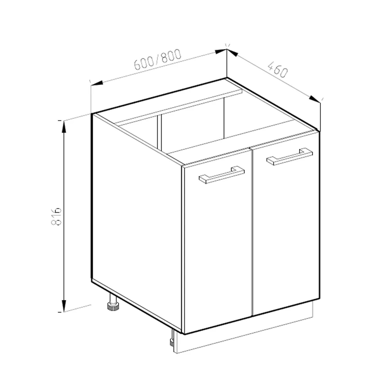 Skizze: Vicco Küchenunterschrank R-Line, 60 cm, weiß hochglanz, ohne Arbeitsplatte, Maße eingezeichnet.
