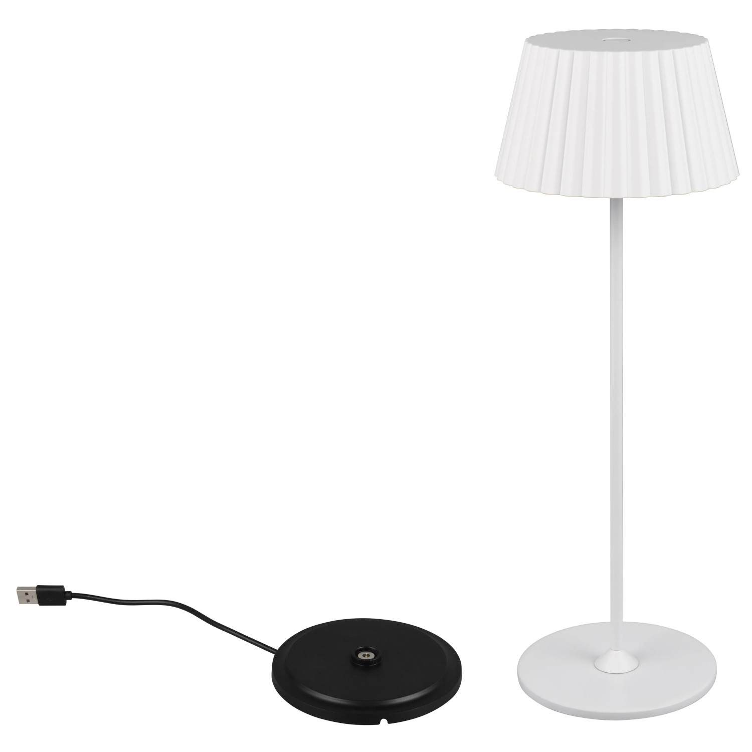 Weiße Reality LED-Tischleuchte Suarez mit Ladestation, dimmbar.