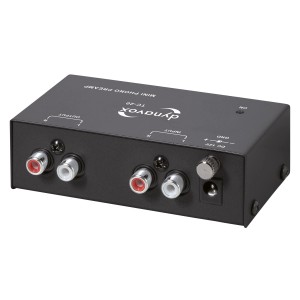 Dynavox TC-20 Phono-Vorverstärker in Schwarz mit Anschlüssen für Plattenspieler.