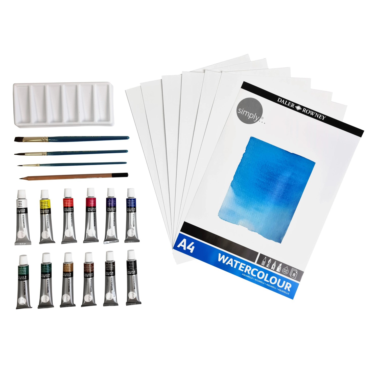 Daler-Rowney Aquarell-Set, 25-teilig mit Farben, Pinsel, Palette und Papier.