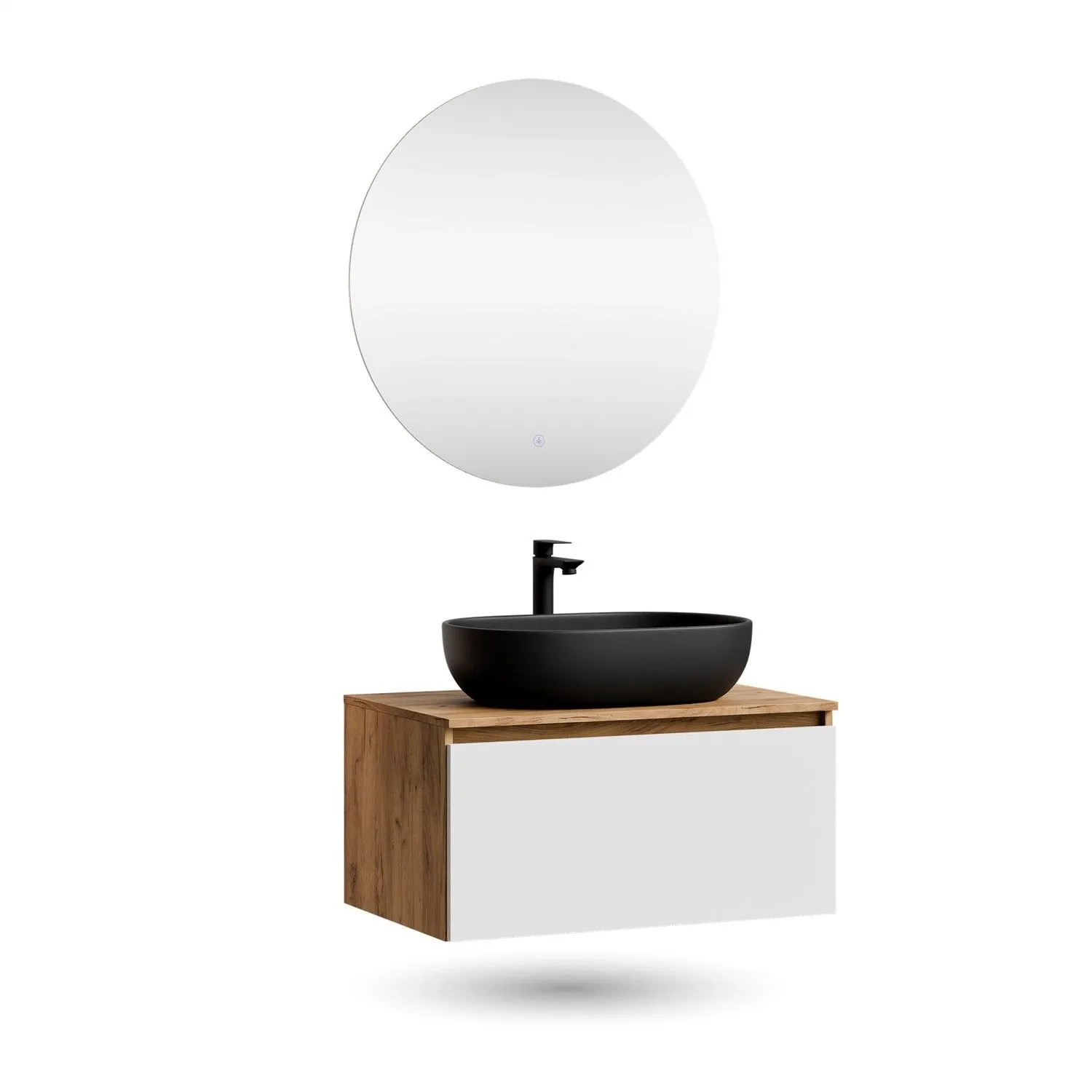 Planetmöbel ARISA Badmöbel Set 80 cm Weiß Matt mit Aufsatzwaschbecken 60 cm Schwarz und NOVA LED Spiegel 80 cm Dimmbar Soft Close