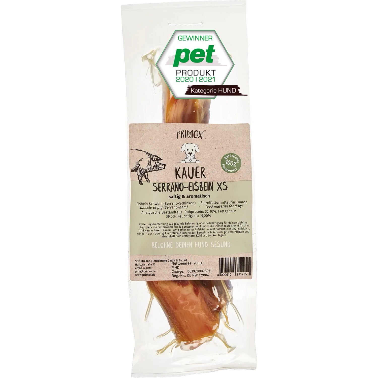 Primox Hunde-Snack Kauer Serrano Eisbein, 1 Stück. Getrockneter Natursnack für Hunde.