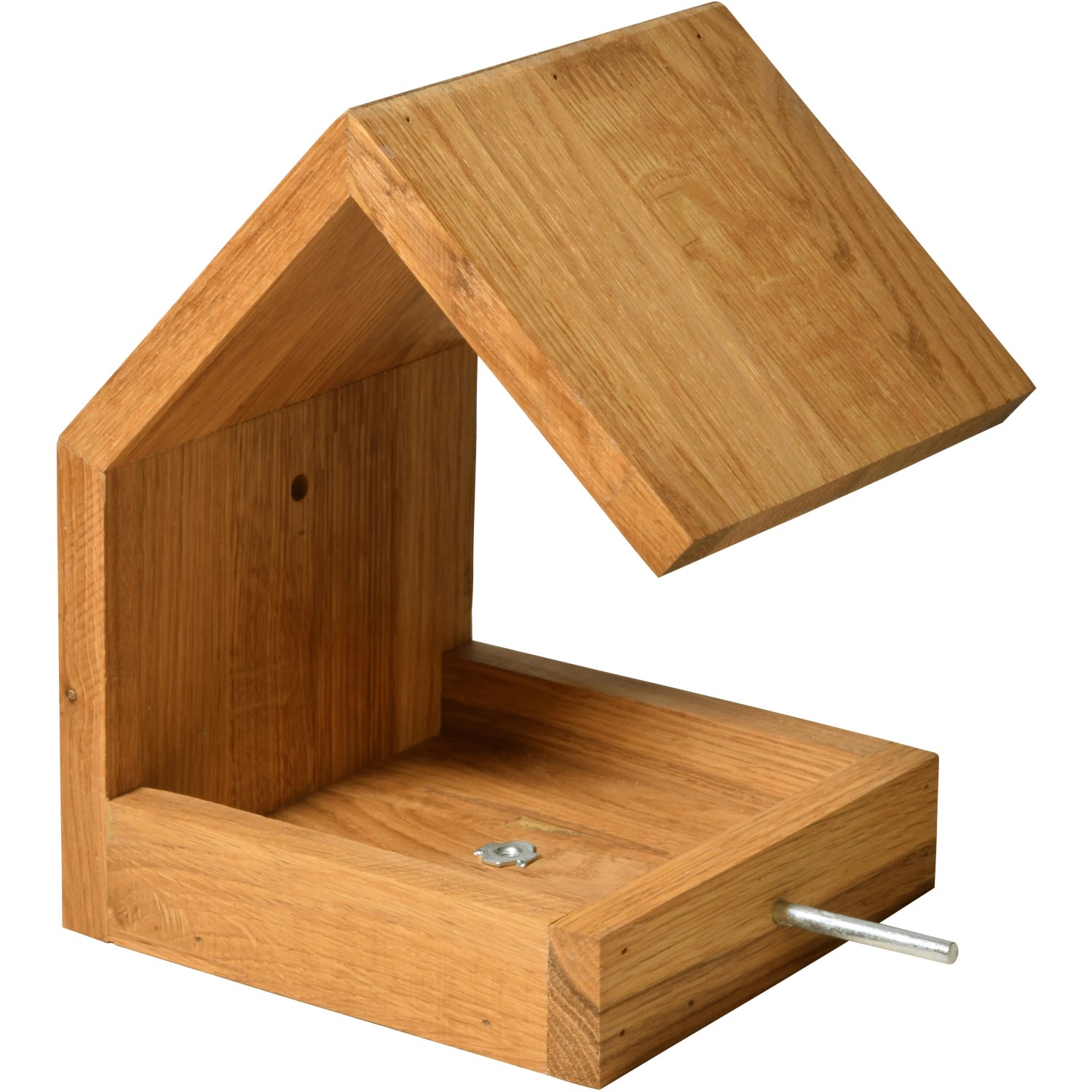 Braun gebeiztes Design-Vogelhaus aus Eichenholz mit Satteldach und Metallstange.