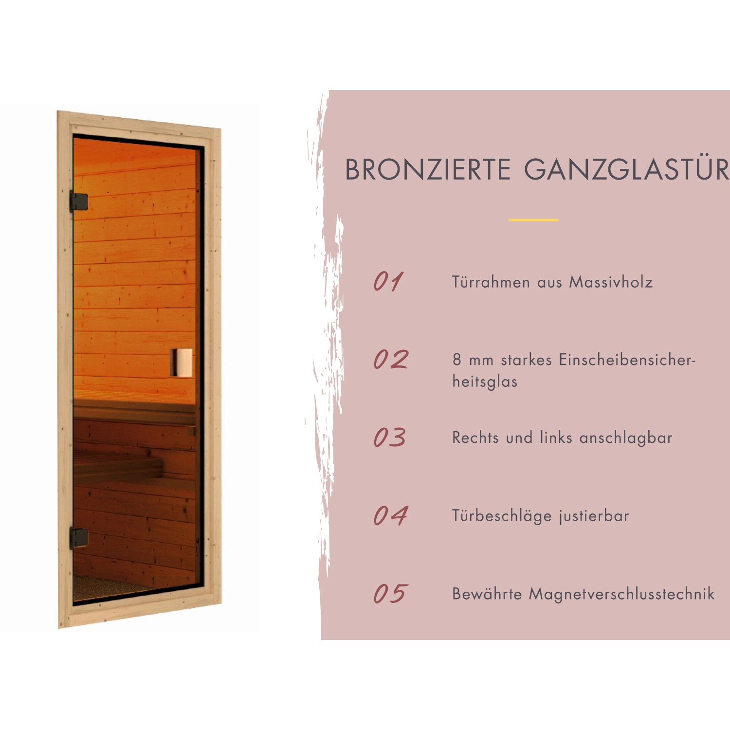 Woodfeeling Sauna Sandra: Detail der Glastür mit Holzrahmen. Massivholzsauna Zubehör.