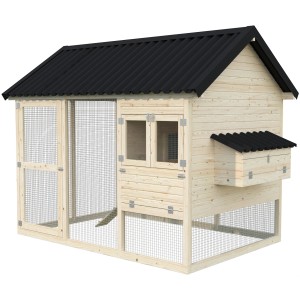 Palmako Hühnerstall Chick 6,7 m² aus Fichte mit schwarzem Dach und Auslauf.