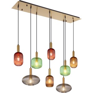 Moderne Globo Pendelleuchte Normy, 8-flammig mit bunten Glasschirmen und messingfarbener Halterung.
