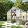 KGT Gewächshaus, 7,53 m², Anthrazit-Grau, mit geöffneter Tür im Garten.
