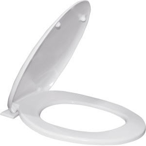 Weißer Schütte WC-Sitz mit Absenkautomatik, Duroplast, geöffnet.