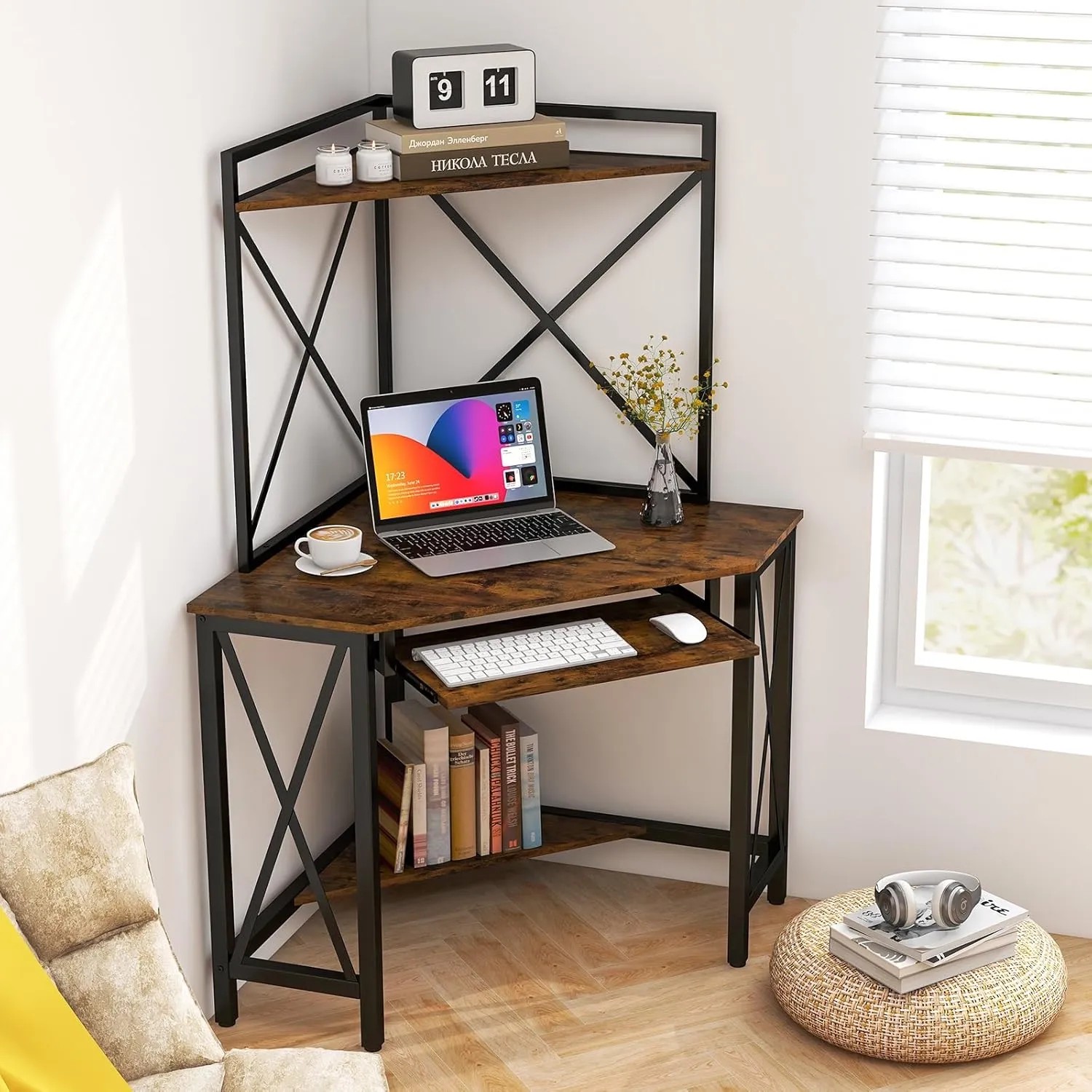Costway Schreibtisch mit Ladestation 80 x 80 x 145 cm Vintage_4