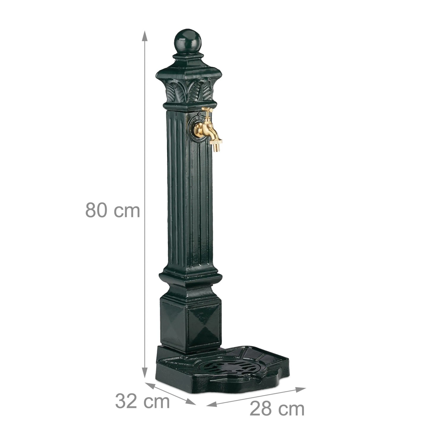 Dunkelgrüner Standbrunnen aus Aluminium-Guss im Antik-Stil mit goldenem Wasserhahn und Becken, 80 cm hoch.