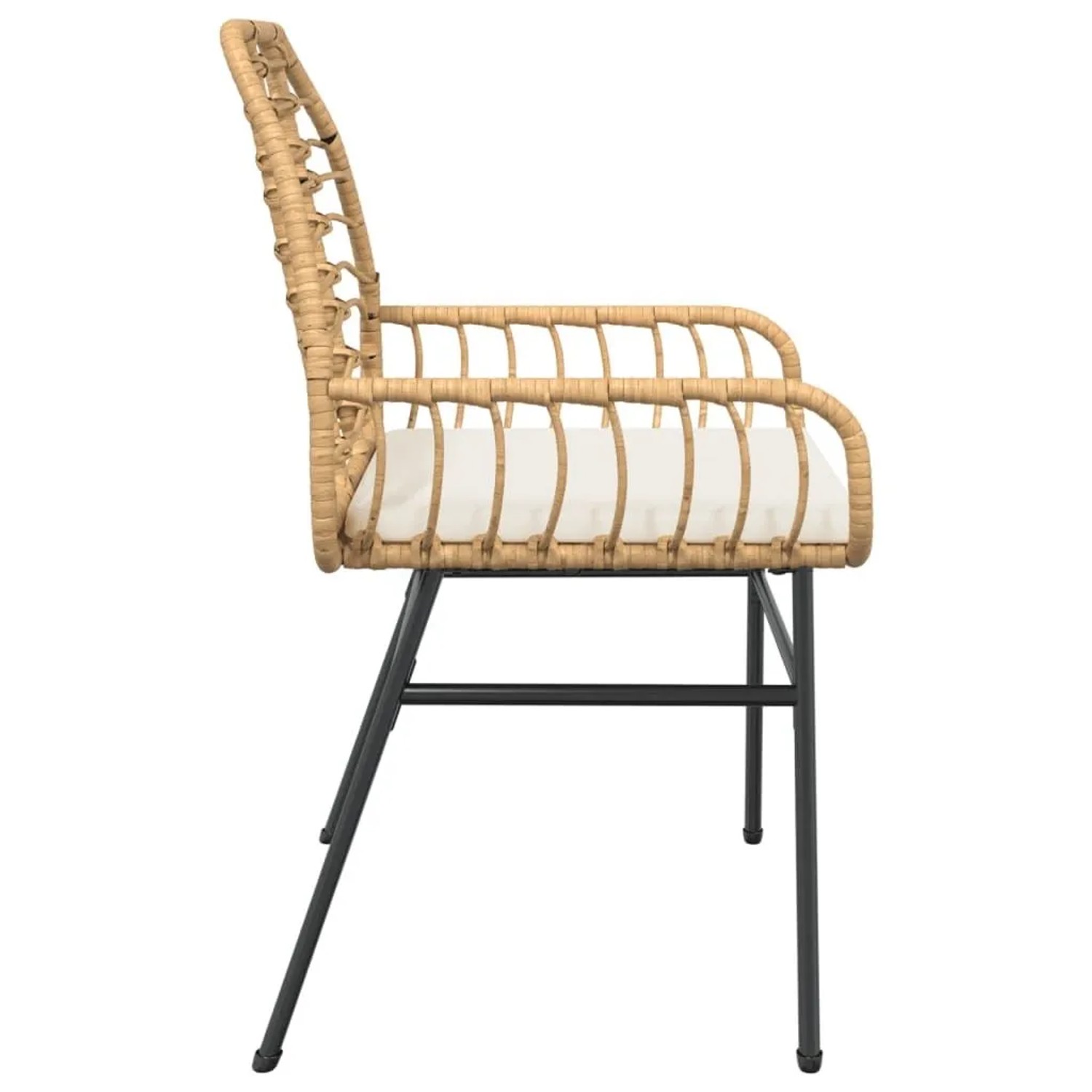 Brauner vidaXL Gartenstuhl aus Poly Rattan mit cremeweißem Kissen auf schwarzem Stahlgestell.